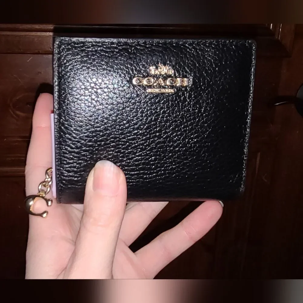 NEW Coach Designer Black Leather Snap Wallet with Gold Accents